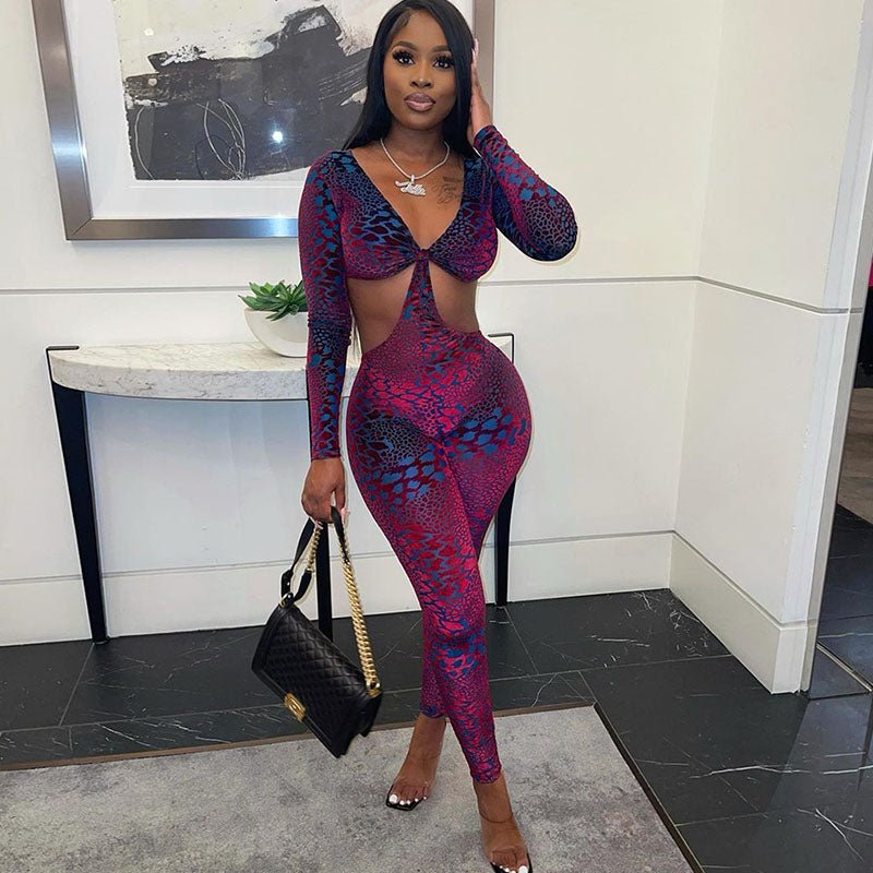 Sexy Hollow Out Rompers Womens Jumpsuit Long Sleeve Snakeskin Printed Club Wear Skinny Slim Party Jumpsuits Bodycon Overalls - T&NLIFESTYLE Sexy Hollow Out Rompers Womens Jumpsuit Long Sleeve Snakeskin Printed Club Wear Skinny Slim Party Jumpsuits Bodycon Overalls