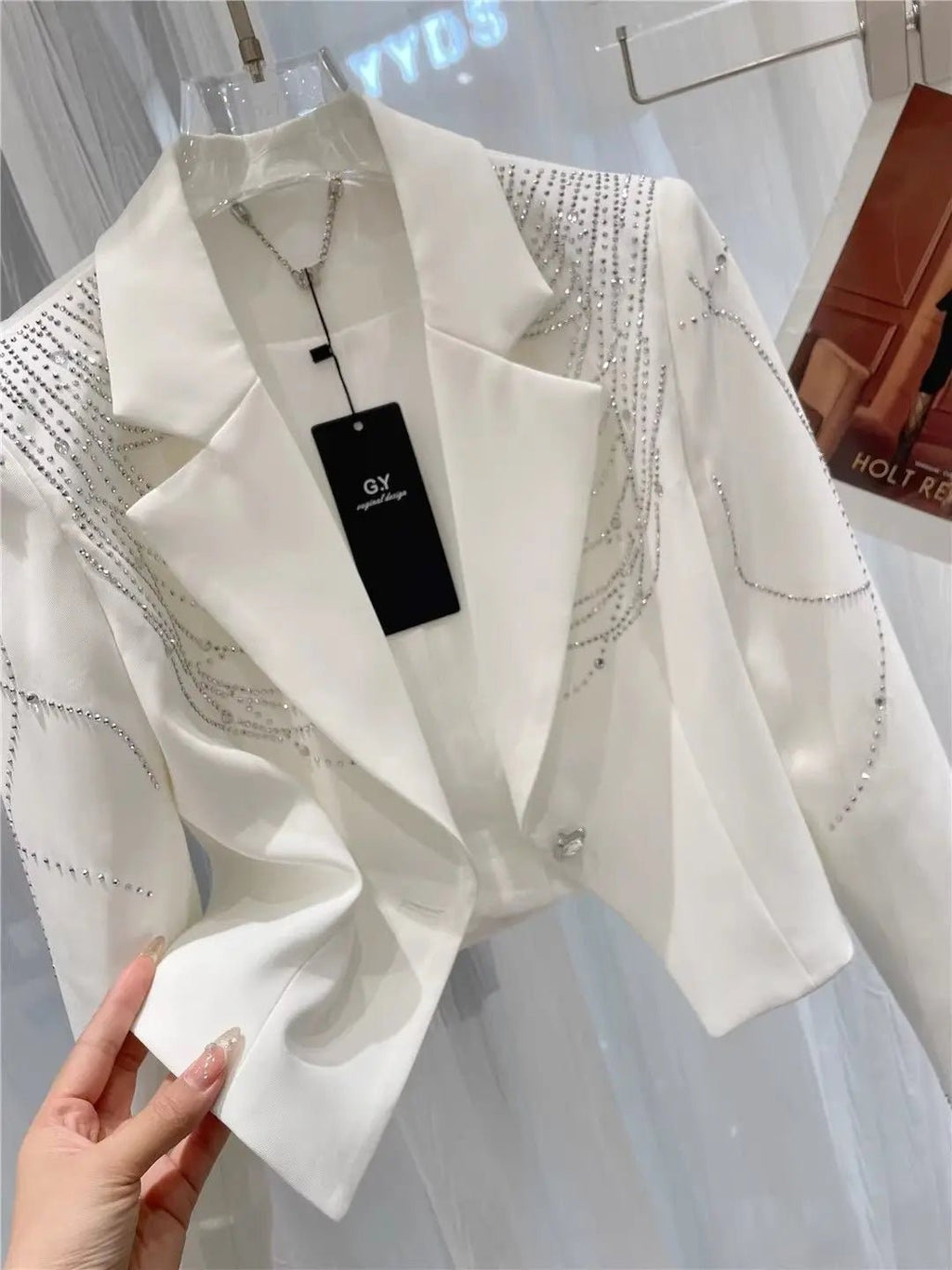 Women Diamonds Beaded Drilling Suit Jacket Rhinestones Sequined Blazer Coat OL Turn Down Collar Slimming Crystal Cardigan Tops - T&NLIFESTYLE Women Diamonds Beaded Drilling Suit Jacket Rhinestones Sequined Blazer Coat OL Turn Down Collar Slimming Crystal Cardigan Tops