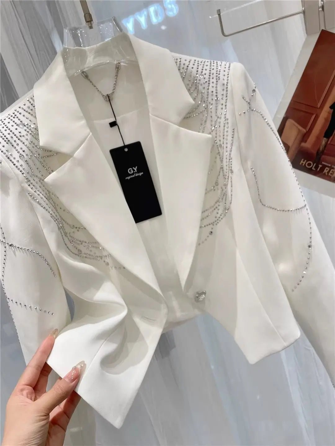 Women Diamonds Beaded Drilling Suit Jacket Rhinestones Sequined Blazer Coat OL Turn Down Collar Slimming Crystal Cardigan Tops - T&NLIFESTYLE Women Diamonds Beaded Drilling Suit Jacket Rhinestones Sequined Blazer Coat OL Turn Down Collar Slimming Crystal Cardigan Tops