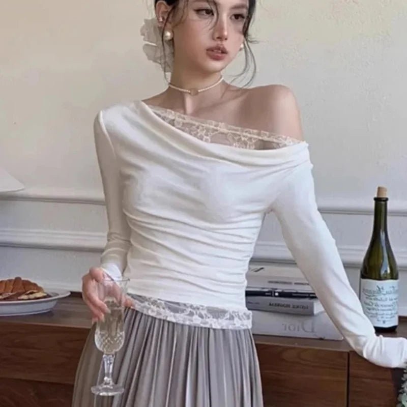 Lace Patchwork Sexy Slash Neck Blouse Slim Solid Long Sleeve Chic Shirt Chic Harajuku Elegant Commuter Office Lady Tops - T&NLIFESTYLE Lace Patchwork Sexy Slash Neck Blouse Slim Solid Long Sleeve Chic Shirt Chic Harajuku Elegant Commuter Office Lady Tops
