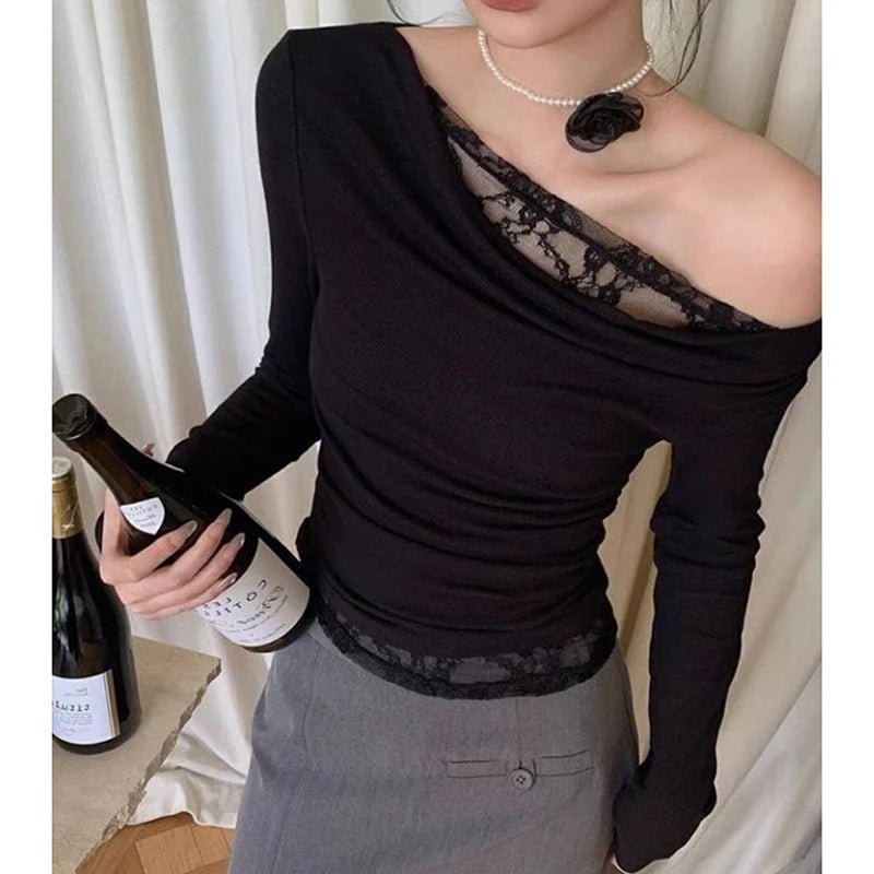 Lace Patchwork Sexy Slash Neck Blouse Slim Solid Long Sleeve Chic Shirt Chic Harajuku Elegant Commuter Office Lady Tops - T&NLIFESTYLE Lace Patchwork Sexy Slash Neck Blouse Slim Solid Long Sleeve Chic Shirt Chic Harajuku Elegant Commuter Office Lady Tops