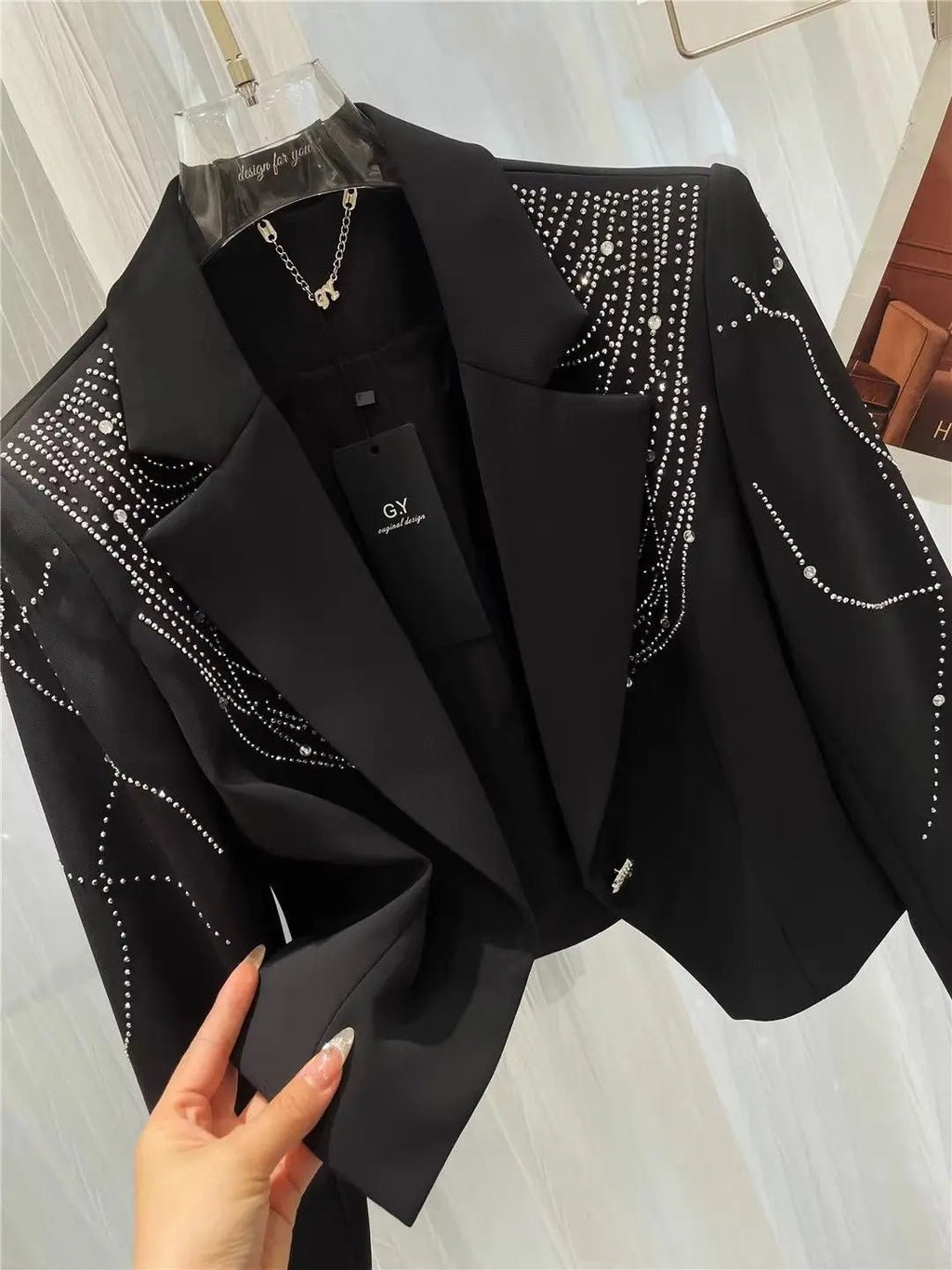 Women Diamonds Beaded Drilling Suit Jacket Rhinestones Sequined Blazer Coat OL Turn Down Collar Slimming Crystal Cardigan Tops - T&NLIFESTYLE Women Diamonds Beaded Drilling Suit Jacket Rhinestones Sequined Blazer Coat OL Turn Down Collar Slimming Crystal Cardigan Tops