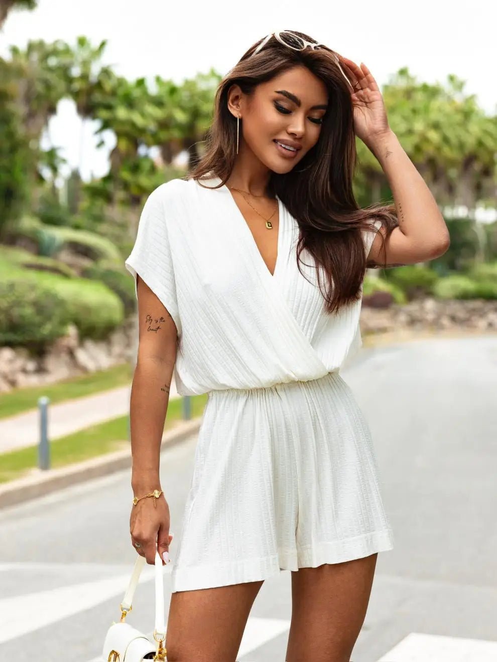 Simple Solid Color V - neck Slim Romper Summer Casual Pit Strip Waist Shorts Playsuit Elegant Ladies Office High Street Jumpsuits - T&NLIFESTYLE Simple Solid Color V - neck Slim Romper Summer Casual Pit Strip Waist Shorts Playsuit Elegant Ladies Office High Street Jumpsuits