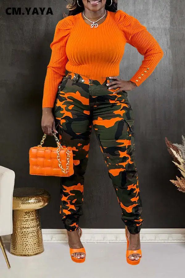 CM.YAYA Women’s Camouflage Printed Slim Cargo Pants 2024 Spring/Summer Pocket Jogger Street Fashion Safari Trousers - T&NLIFESTYLE CM.YAYA Women’s Camouflage Printed Slim Cargo Pants 2024 Spring/Summer Pocket Jogger Street Fashion Safari Trousers
