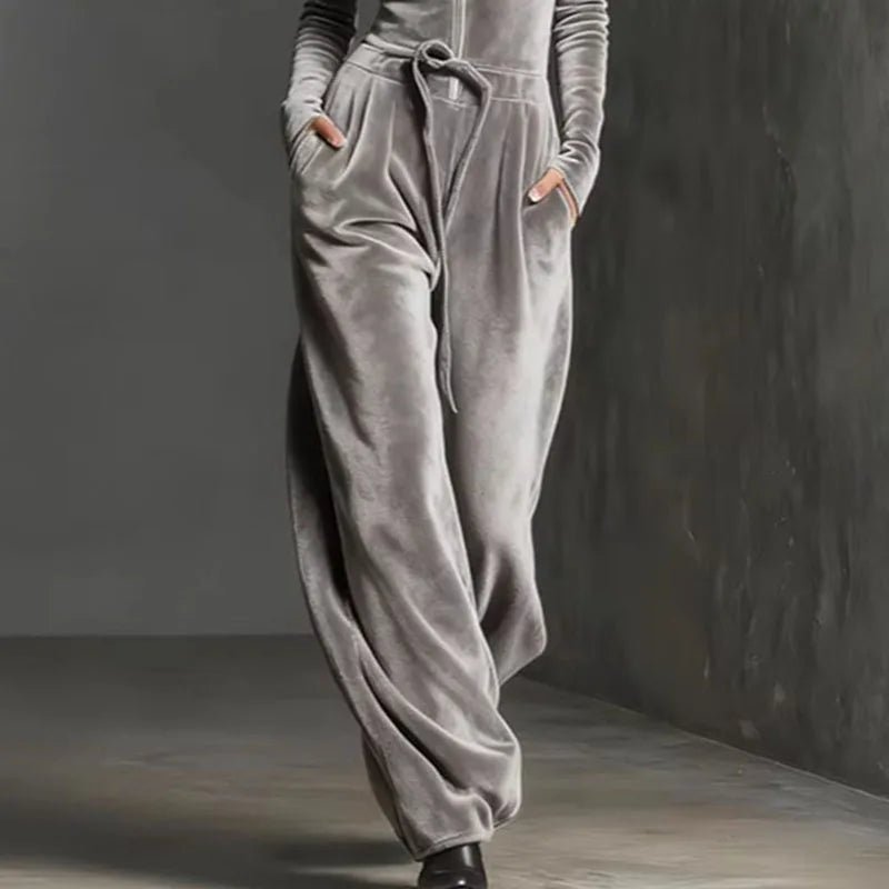 2026 Spring Retro Solid Velvet Women's Jumpsuit Elegant Half Zip Stand Collar Drawstring Waist Overalls Casual Streetwear Romper - T&NLIFESTYLE 2026 Spring Retro Solid Velvet Women's Jumpsuit Elegant Half Zip Stand Collar Drawstring Waist Overalls Casual Streetwear Romper