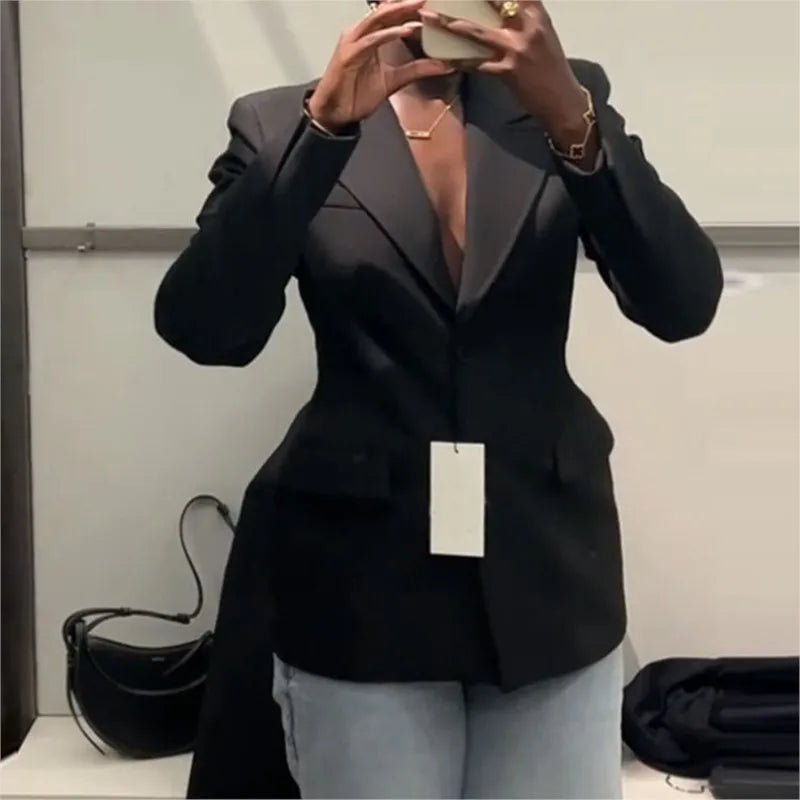 Retro Fashion Black Commute Professional Blazer Coats Deep V Shoulder Pads Suit Coat Jacket Women Waist Cinched Office Outwear - T&NLIFESTYLE Retro Fashion Black Commute Professional Blazer Coats Deep V Shoulder Pads Suit Coat Jacket Women Waist Cinched Office Outwear