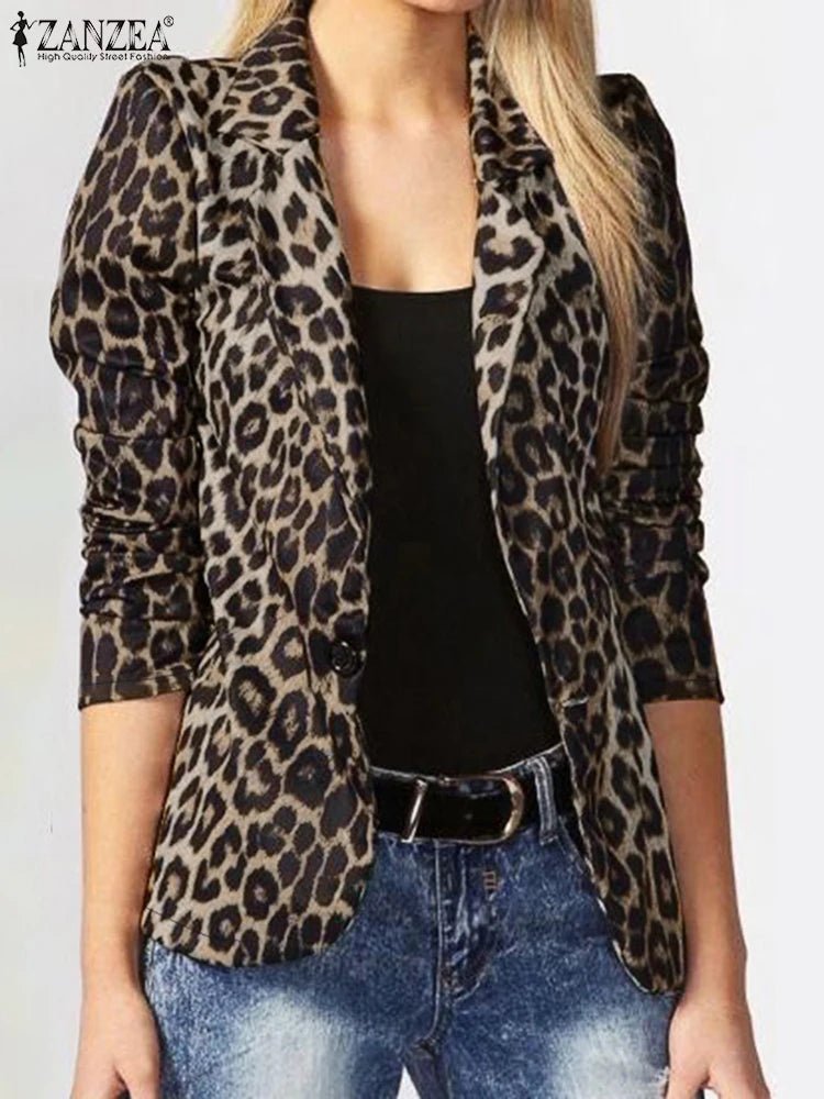 ZANZEA Leopard Print Lightweight Blazer for Women Autumn Notched Lapel Long Sleeve with Shoulder Pad Woman Commute Outerwear - T&NLIFESTYLE ZANZEA Leopard Print Lightweight Blazer for Women Autumn Notched Lapel Long Sleeve with Shoulder Pad Woman Commute Outerwear