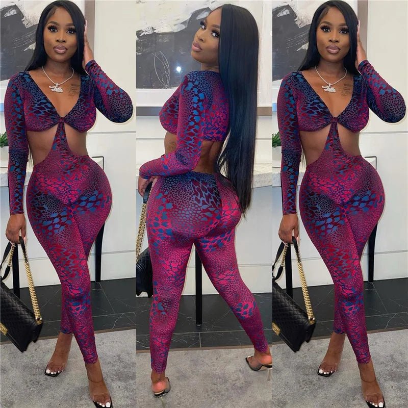 Sexy Hollow Out Rompers Womens Jumpsuit Long Sleeve Snakeskin Printed Club Wear Skinny Slim Party Jumpsuits Bodycon Overalls - T&NLIFESTYLE Sexy Hollow Out Rompers Womens Jumpsuit Long Sleeve Snakeskin Printed Club Wear Skinny Slim Party Jumpsuits Bodycon Overalls