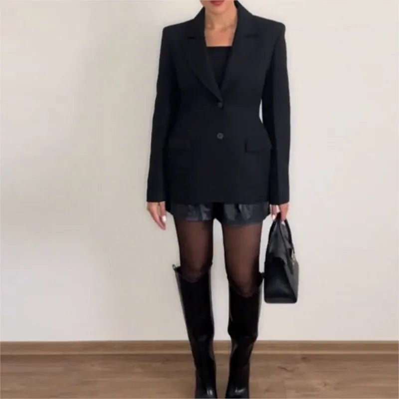 Retro Fashion Black Commute Professional Blazer Coats Deep V Shoulder Pads Suit Coat Jacket Women Waist Cinched Office Outwear - T&NLIFESTYLE Retro Fashion Black Commute Professional Blazer Coats Deep V Shoulder Pads Suit Coat Jacket Women Waist Cinched Office Outwear