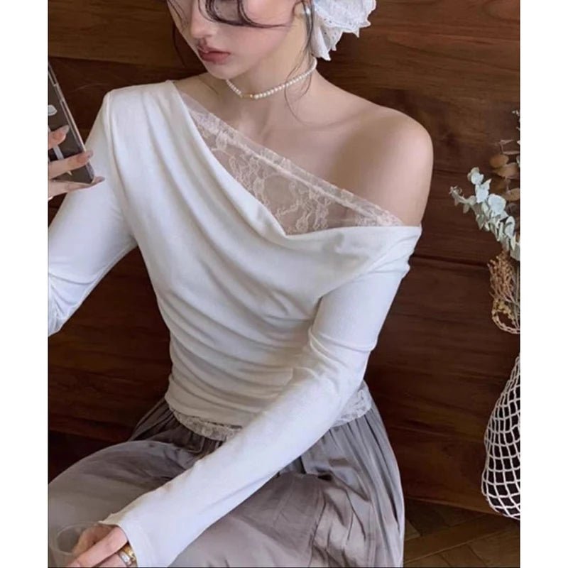 Lace Patchwork Sexy Slash Neck Blouse Slim Solid Long Sleeve Chic Shirt Chic Harajuku Elegant Commuter Office Lady Tops - T&NLIFESTYLE Lace Patchwork Sexy Slash Neck Blouse Slim Solid Long Sleeve Chic Shirt Chic Harajuku Elegant Commuter Office Lady Tops