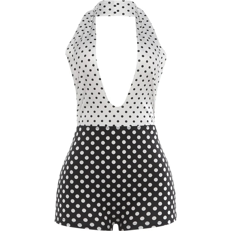 Cutenew Polka Dots Print Playsuit Woman Halter Backless Patchwork Skinny 2026 Summer Trend Street Sexy Skinny Stretch Rompers - T&NLIFESTYLE Cutenew Polka Dots Print Playsuit Woman Halter Backless Patchwork Skinny 2026 Summer Trend Street Sexy Skinny Stretch Rompers