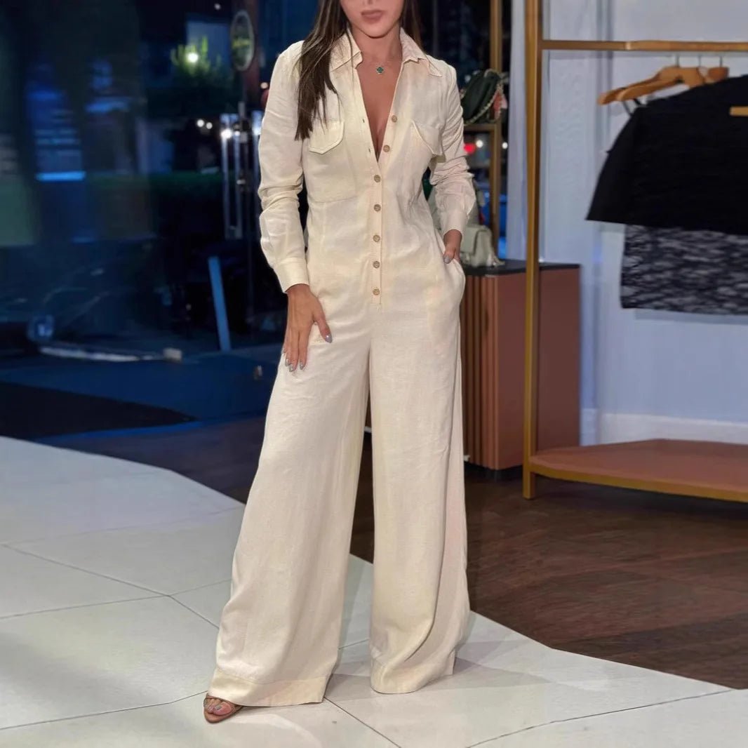 Autumn Fashionable Lapel Casual Single Breasted Buckle Jumpsuits Solid Color Long Sleeved Loose Pants Ropa Mujer Tendencia - T&NLIFESTYLE Autumn Fashionable Lapel Casual Single Breasted Buckle Jumpsuits Solid Color Long Sleeved Loose Pants Ropa Mujer Tendencia
