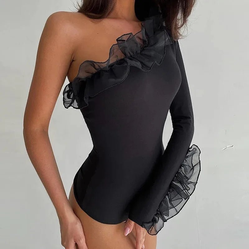 Women's Mesh Ruffled Oblique Shoulder Collar Bodysuit Single Sleeve Jumpsuit Slim Fit Romper New Fashion Y2K5192 - T&NLIFESTYLE Women's Mesh Ruffled Oblique Shoulder Collar Bodysuit Single Sleeve Jumpsuit Slim Fit Romper New Fashion Y2K5192