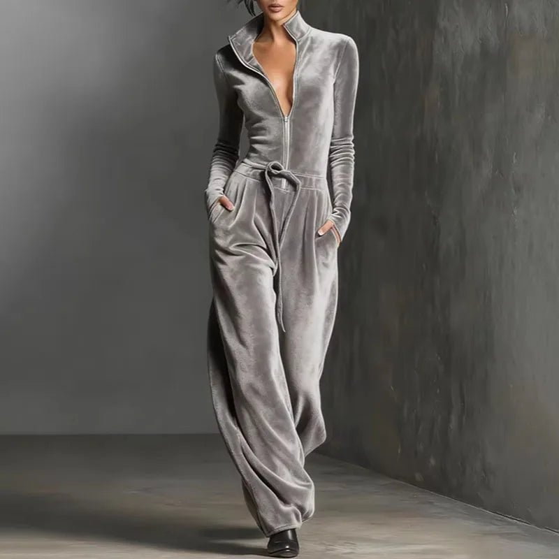 2026 Spring Retro Solid Velvet Women's Jumpsuit Elegant Half Zip Stand Collar Drawstring Waist Overalls Casual Streetwear Romper - T&NLIFESTYLE 2026 Spring Retro Solid Velvet Women's Jumpsuit Elegant Half Zip Stand Collar Drawstring Waist Overalls Casual Streetwear Romper
