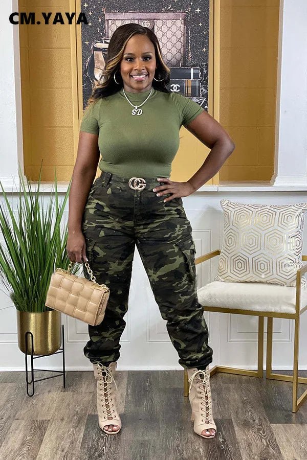 CM.YAYA Women’s Camouflage Printed Slim Cargo Pants 2024 Spring/Summer Pocket Jogger Street Fashion Safari Trousers - T&NLIFESTYLE CM.YAYA Women’s Camouflage Printed Slim Cargo Pants 2024 Spring/Summer Pocket Jogger Street Fashion Safari Trousers