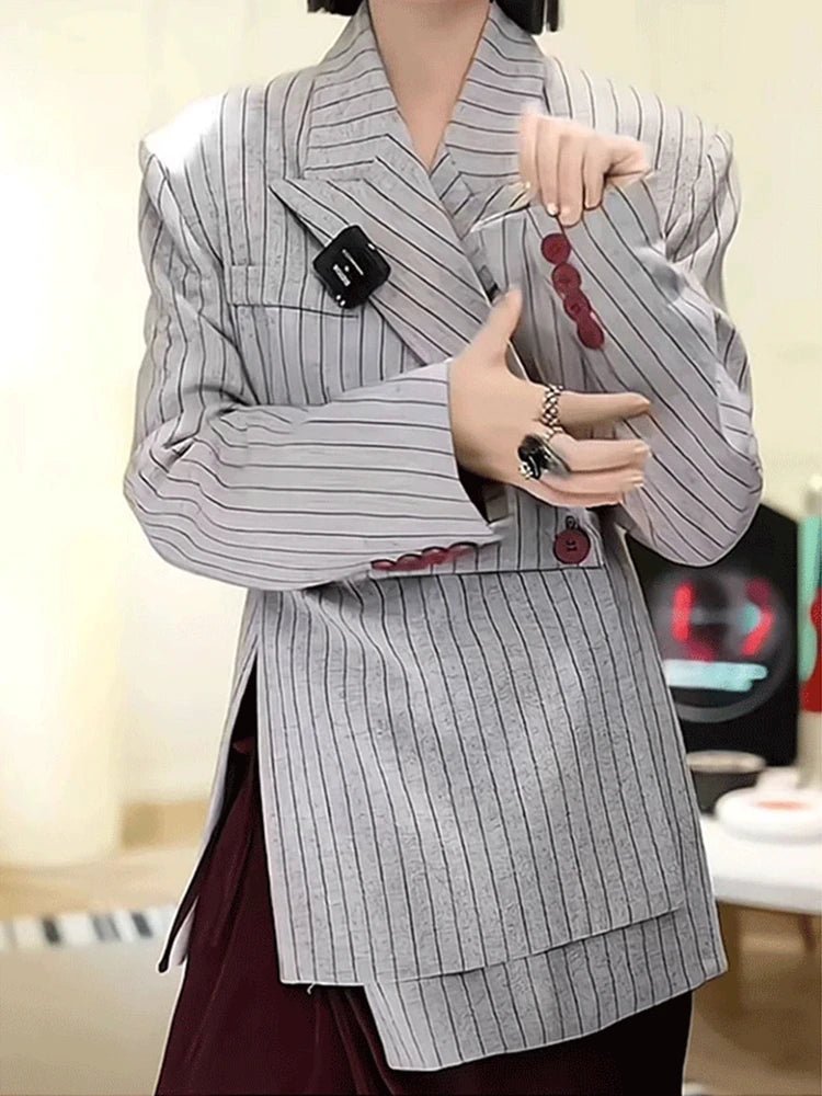 VGH Striped Printing Design Sense Chic Blazer For Women Notched Collar Long Sleeve Spliced Button Slimming Blazer Female Fashion - T&NLIFESTYLE VGH Striped Printing Design Sense Chic Blazer For Women Notched Collar Long Sleeve Spliced Button Slimming Blazer Female Fashion