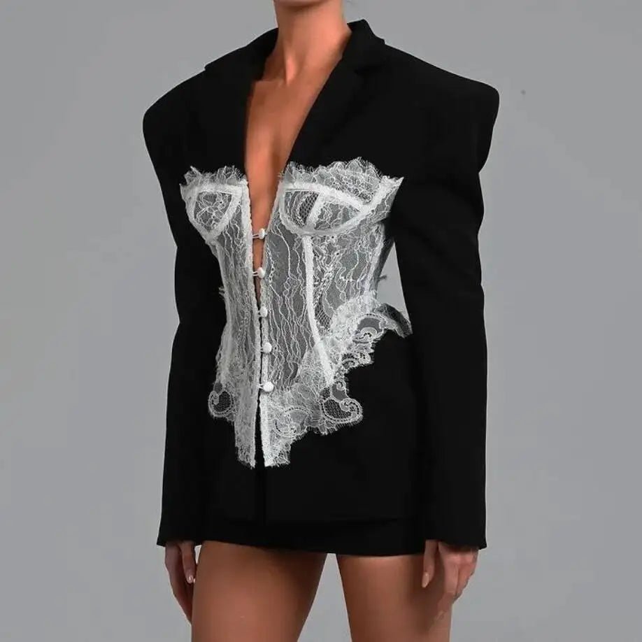 DEAT Fashion White Lace Patchwork Blazer Women's Notched Collar Slim Fit Long Sleeves Single Breasted Suit Jacket New Tide - T&NLIFESTYLE DEAT Fashion White Lace Patchwork Blazer Women's Notched Collar Slim Fit Long Sleeves Single Breasted Suit Jacket New Tide