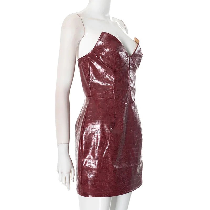 Nsauye New Elegant Sexy Fashion Leather Strapless Women Dress Night Club Evening Party Short Bodycon High Waisted Dress 2025 - T&NLIFESTYLE Nsauye New Elegant Sexy Fashion Leather Strapless Women Dress Night Club Evening Party Short Bodycon High Waisted Dress 2025
