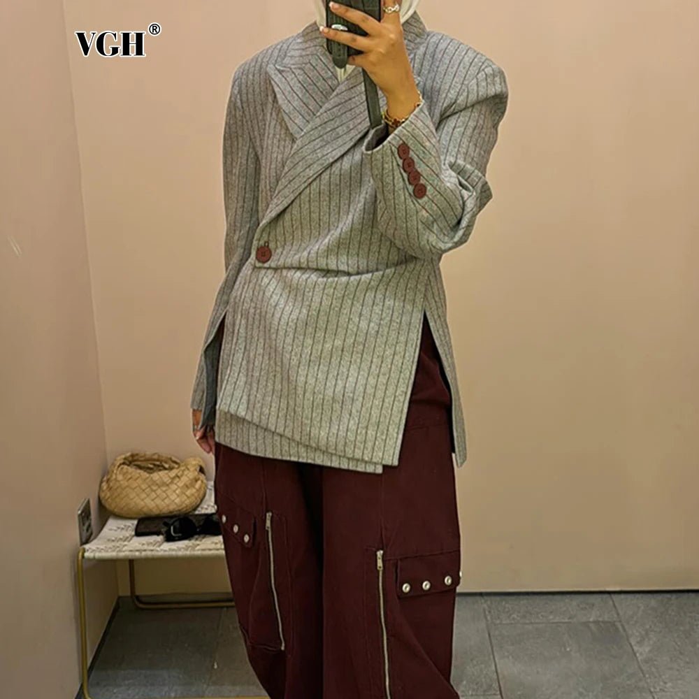 VGH Striped Printing Design Sense Chic Blazer For Women Notched Collar Long Sleeve Spliced Button Slimming Blazer Female Fashion - T&NLIFESTYLE VGH Striped Printing Design Sense Chic Blazer For Women Notched Collar Long Sleeve Spliced Button Slimming Blazer Female Fashion