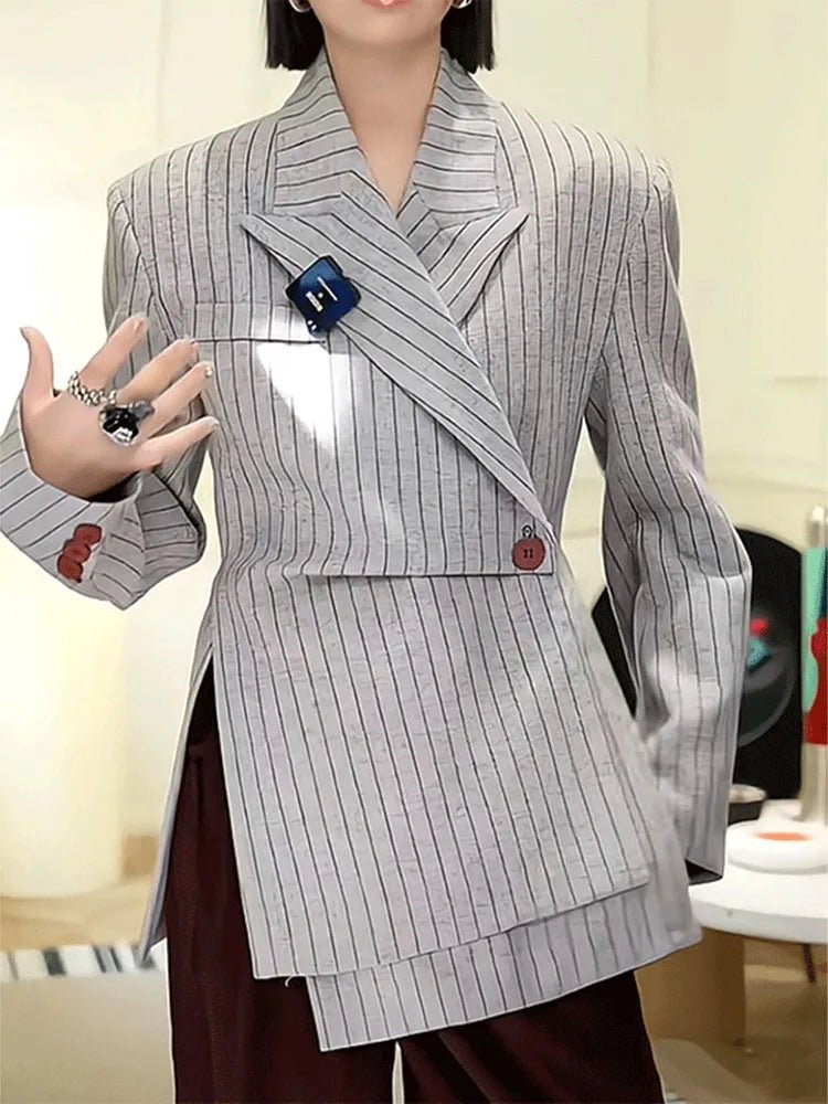 VGH Striped Printing Design Sense Chic Blazer For Women Notched Collar Long Sleeve Spliced Button Slimming Blazer Female Fashion - T&NLIFESTYLE VGH Striped Printing Design Sense Chic Blazer For Women Notched Collar Long Sleeve Spliced Button Slimming Blazer Female Fashion