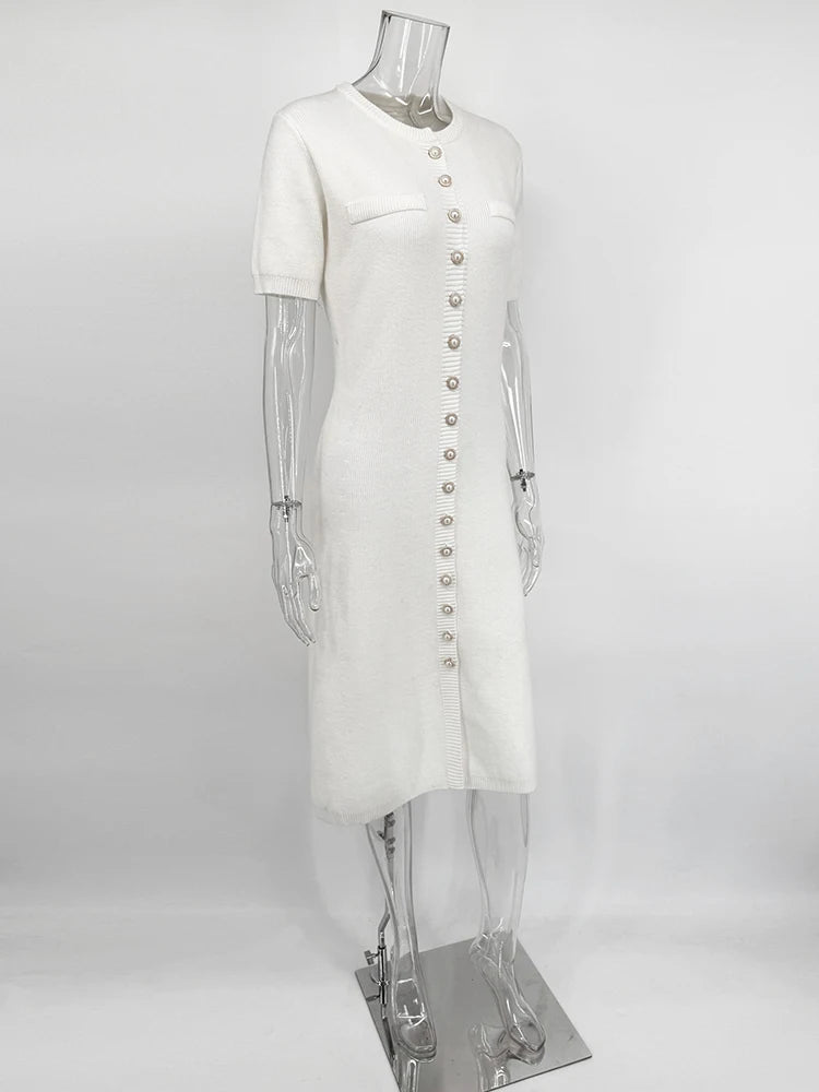 TARUXY White Elegant Knit Maxi Dress For Women Short Sleeve Ribbed Slim High Waist Cardigan Dress Female Knit Dress 2025 Summer - T&NLIFESTYLE TARUXY White Elegant Knit Maxi Dress For Women Short Sleeve Ribbed Slim High Waist Cardigan Dress Female Knit Dress 2025 Summer
