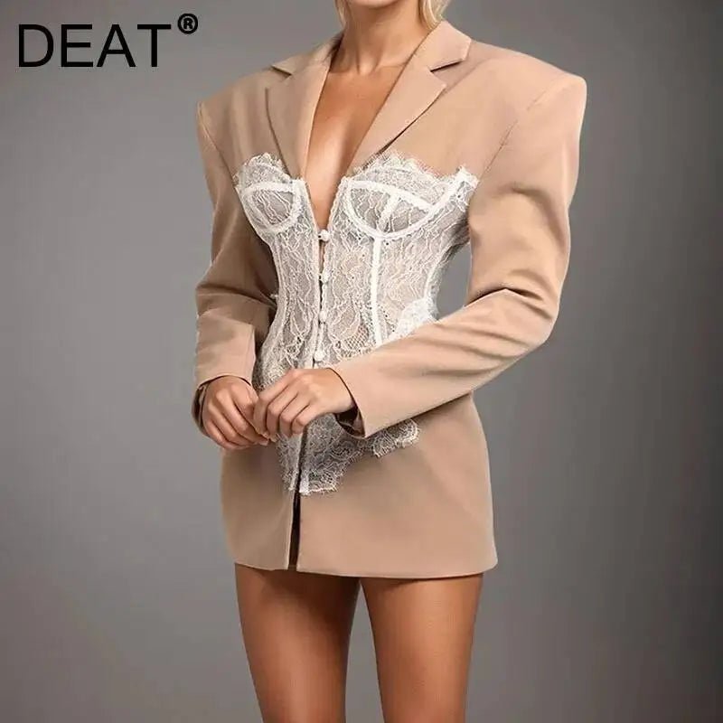 DEAT Fashion White Lace Patchwork Blazer Women's Notched Collar Slim Fit Long Sleeves Single Breasted Suit Jacket New Tide - T&NLIFESTYLE DEAT Fashion White Lace Patchwork Blazer Women's Notched Collar Slim Fit Long Sleeves Single Breasted Suit Jacket New Tide