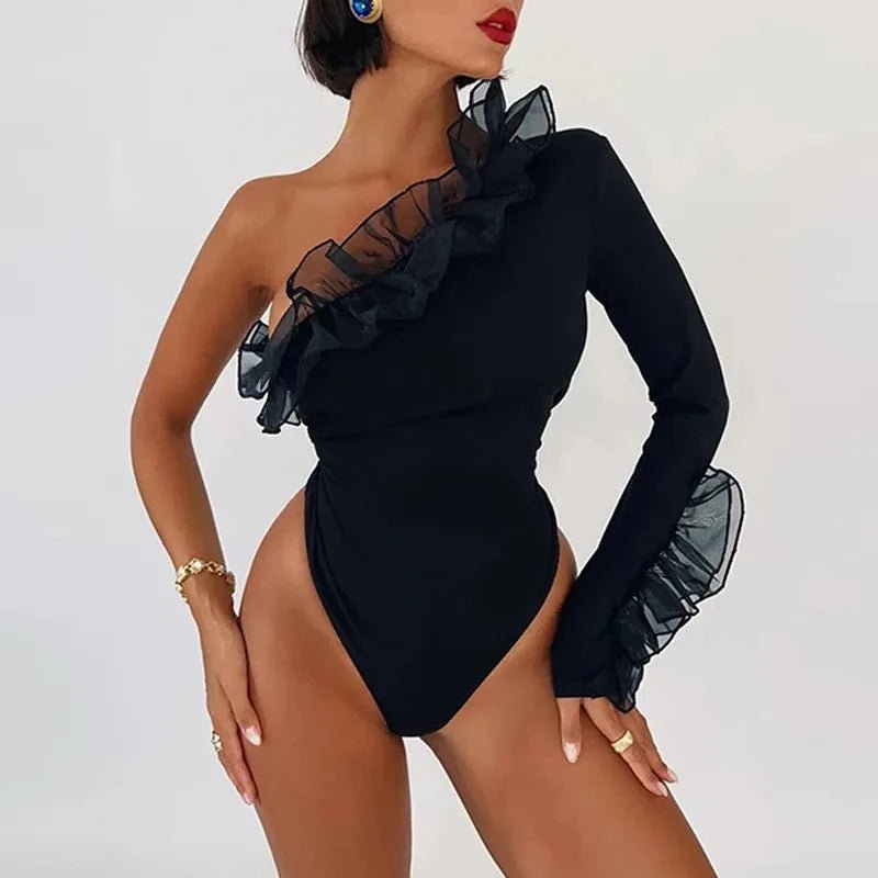 Women's Mesh Ruffled Oblique Shoulder Collar Bodysuit Single Sleeve Jumpsuit Slim Fit Romper New Fashion Y2K5192 - T&NLIFESTYLE Women's Mesh Ruffled Oblique Shoulder Collar Bodysuit Single Sleeve Jumpsuit Slim Fit Romper New Fashion Y2K5192