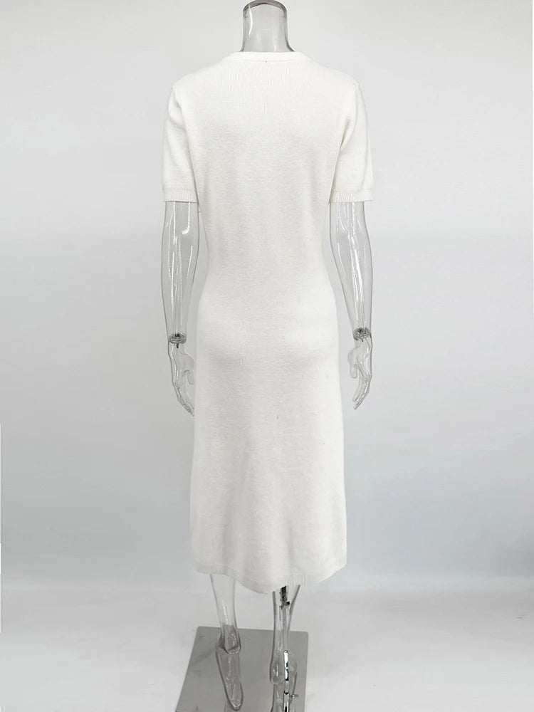 TARUXY White Elegant Knit Maxi Dress For Women Short Sleeve Ribbed Slim High Waist Cardigan Dress Female Knit Dress 2025 Summer - T&NLIFESTYLE TARUXY White Elegant Knit Maxi Dress For Women Short Sleeve Ribbed Slim High Waist Cardigan Dress Female Knit Dress 2025 Summer