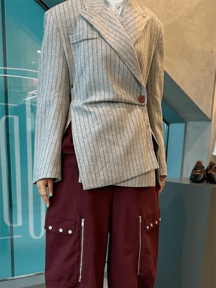 VGH Striped Printing Design Sense Chic Blazer For Women Notched Collar Long Sleeve Spliced Button Slimming Blazer Female Fashion - T&NLIFESTYLE VGH Striped Printing Design Sense Chic Blazer For Women Notched Collar Long Sleeve Spliced Button Slimming Blazer Female Fashion