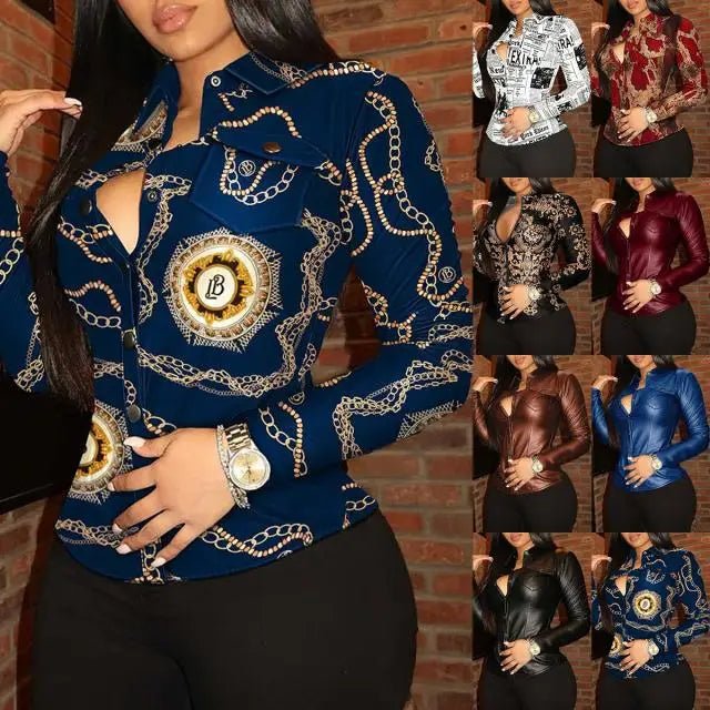 Women's New Fashion Button Pocket Slim Fit V - neck Popular Single Breasted Long Sleeved Versatile Leather Shirt 2025 - T&NLIFESTYLE Women's New Fashion Button Pocket Slim Fit V - neck Popular Single Breasted Long Sleeved Versatile Leather Shirt 2025