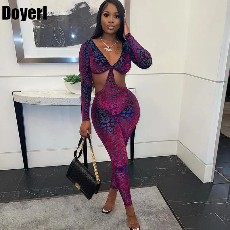 Sexy Hollow Out Rompers Womens Jumpsuit Long Sleeve Snakeskin Printed Club Wear Skinny Slim Party Jumpsuits Bodycon Overalls - T&NLIFESTYLE Sexy Hollow Out Rompers Womens Jumpsuit Long Sleeve Snakeskin Printed Club Wear Skinny Slim Party Jumpsuits Bodycon Overalls