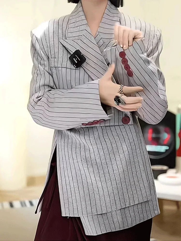 VGH Striped Printing Design Sense Chic Blazer For Women Notched Collar Long Sleeve Spliced Button Slimming Blazer Female Fashion - T&NLIFESTYLE VGH Striped Printing Design Sense Chic Blazer For Women Notched Collar Long Sleeve Spliced Button Slimming Blazer Female Fashion