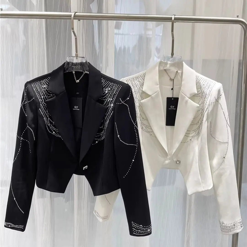 Women Diamonds Beaded Drilling Suit Jacket Rhinestones Sequined Blazer Coat OL Turn Down Collar Slimming Crystal Cardigan Tops - T&NLIFESTYLE Women Diamonds Beaded Drilling Suit Jacket Rhinestones Sequined Blazer Coat OL Turn Down Collar Slimming Crystal Cardigan Tops