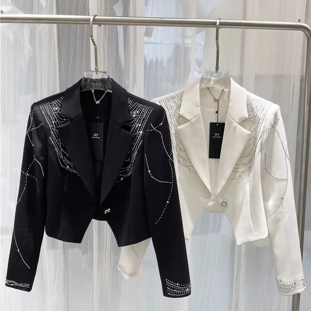Women Diamonds Beaded Drilling Suit Jacket Rhinestones Sequined Blazer Coat OL Turn Down Collar Slimming Crystal Cardigan Tops - T&NLIFESTYLE Women Diamonds Beaded Drilling Suit Jacket Rhinestones Sequined Blazer Coat OL Turn Down Collar Slimming Crystal Cardigan Tops