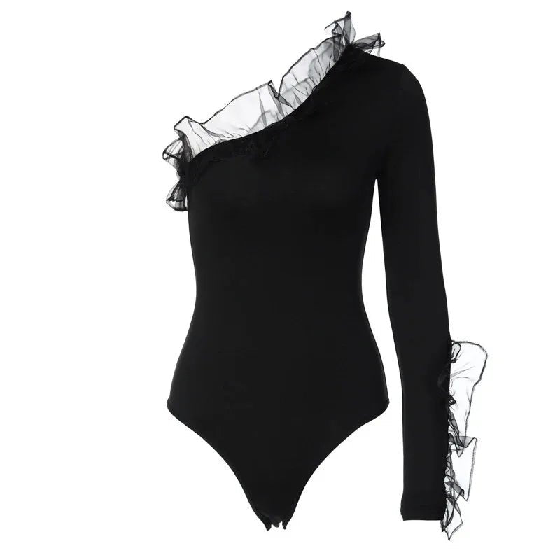 Women's Mesh Ruffled Oblique Shoulder Collar Bodysuit Single Sleeve Jumpsuit Slim Fit Romper New Fashion Y2K5192 - T&NLIFESTYLE Women's Mesh Ruffled Oblique Shoulder Collar Bodysuit Single Sleeve Jumpsuit Slim Fit Romper New Fashion Y2K5192