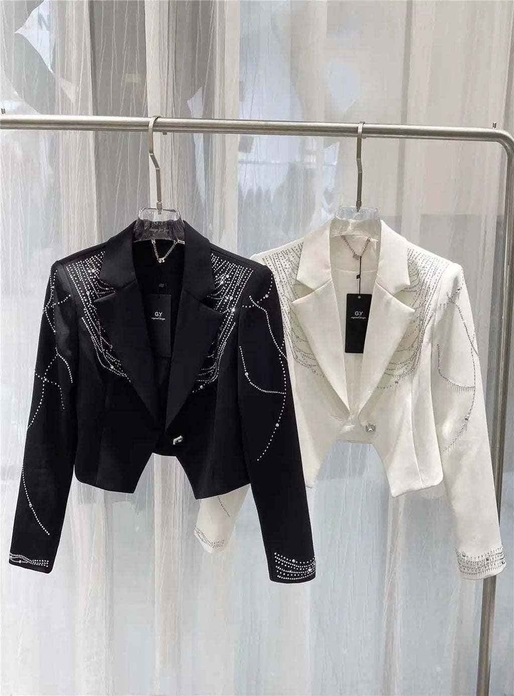 Women Diamonds Beaded Drilling Suit Jacket Rhinestones Sequined Blazer Coat OL Turn Down Collar Slimming Crystal Cardigan Tops - T&NLIFESTYLE Women Diamonds Beaded Drilling Suit Jacket Rhinestones Sequined Blazer Coat OL Turn Down Collar Slimming Crystal Cardigan Tops