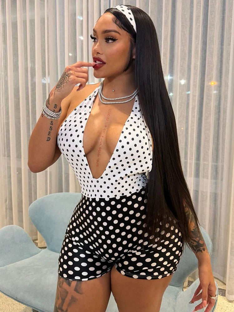 Cutenew Polka Dots Print Playsuit Woman Halter Backless Patchwork Skinny 2026 Summer Trend Street Sexy Skinny Stretch Rompers - T&NLIFESTYLE Cutenew Polka Dots Print Playsuit Woman Halter Backless Patchwork Skinny 2026 Summer Trend Street Sexy Skinny Stretch Rompers