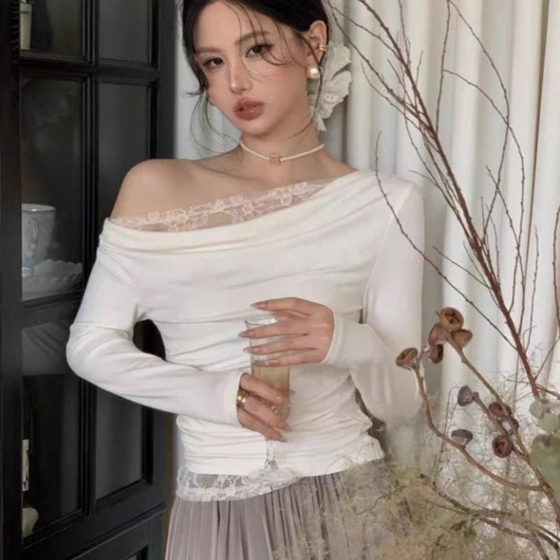 Lace Patchwork Sexy Slash Neck Blouse Slim Solid Long Sleeve Chic Shirt Chic Harajuku Elegant Commuter Office Lady Tops - T&NLIFESTYLE Lace Patchwork Sexy Slash Neck Blouse Slim Solid Long Sleeve Chic Shirt Chic Harajuku Elegant Commuter Office Lady Tops
