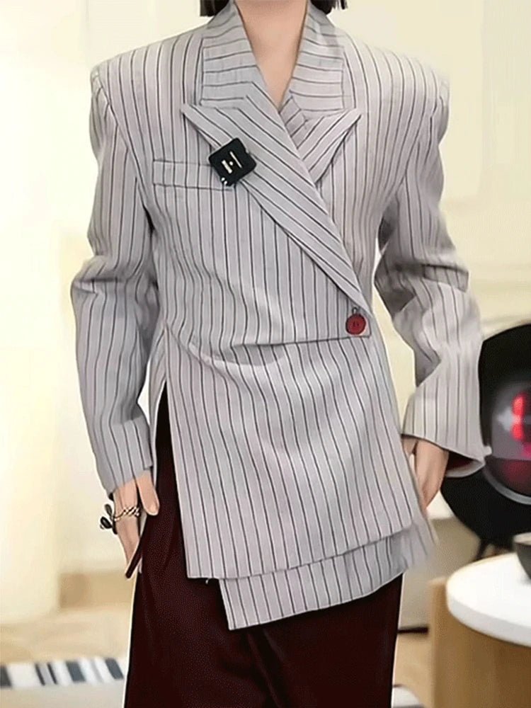 VGH Striped Printing Design Sense Chic Blazer For Women Notched Collar Long Sleeve Spliced Button Slimming Blazer Female Fashion - T&NLIFESTYLE VGH Striped Printing Design Sense Chic Blazer For Women Notched Collar Long Sleeve Spliced Button Slimming Blazer Female Fashion