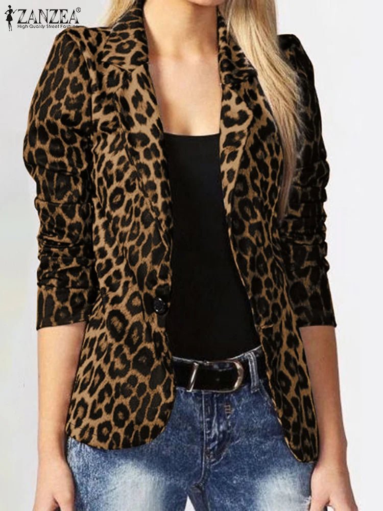 ZANZEA Leopard Print Lightweight Blazer for Women Autumn Notched Lapel Long Sleeve with Shoulder Pad Woman Commute Outerwear - T&NLIFESTYLE ZANZEA Leopard Print Lightweight Blazer for Women Autumn Notched Lapel Long Sleeve with Shoulder Pad Woman Commute Outerwear