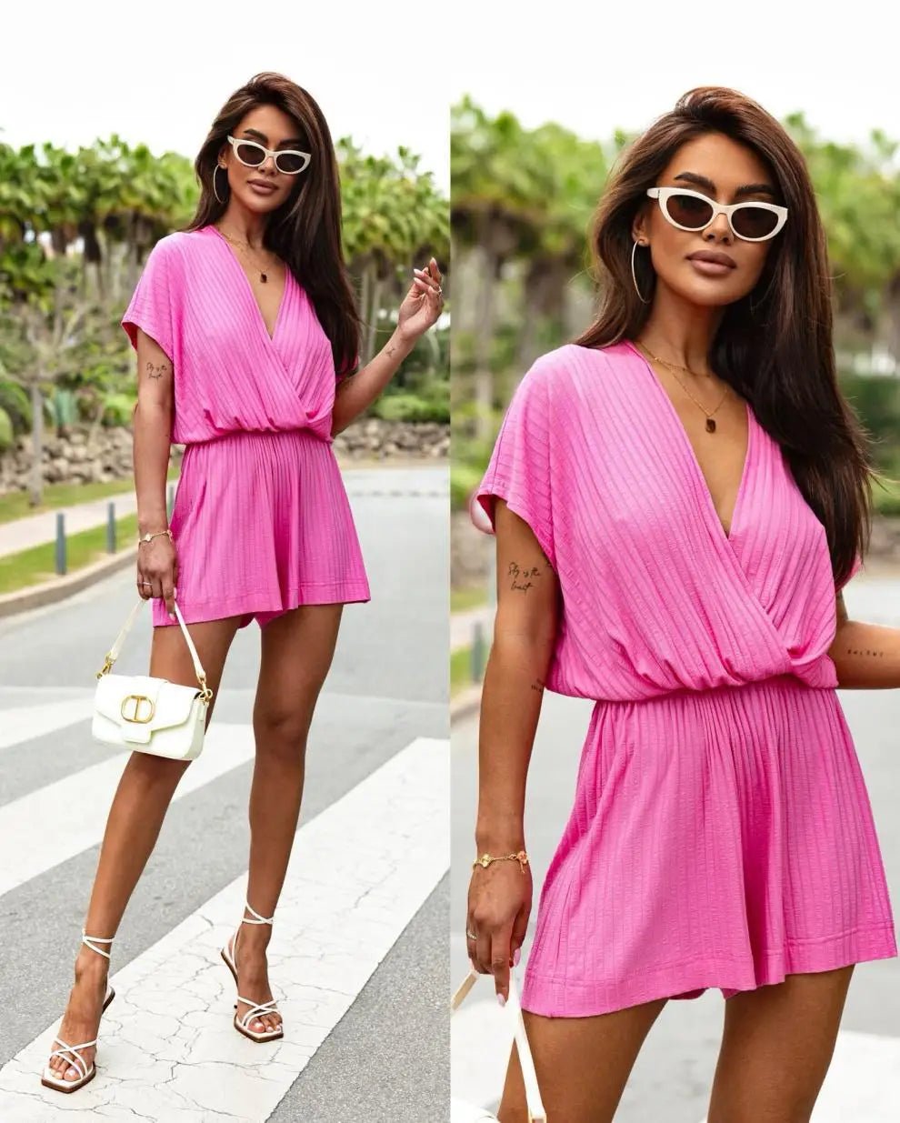Simple Solid Color V - neck Slim Romper Summer Casual Pit Strip Waist Shorts Playsuit Elegant Ladies Office High Street Jumpsuits - T&NLIFESTYLE Simple Solid Color V - neck Slim Romper Summer Casual Pit Strip Waist Shorts Playsuit Elegant Ladies Office High Street Jumpsuits