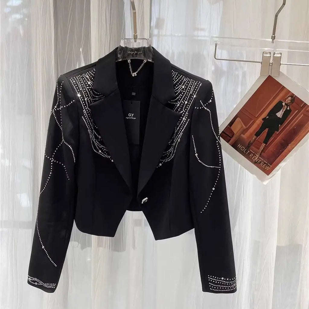 Women Diamonds Beaded Drilling Suit Jacket Rhinestones Sequined Blazer Coat OL Turn Down Collar Slimming Crystal Cardigan Tops - T&NLIFESTYLE Women Diamonds Beaded Drilling Suit Jacket Rhinestones Sequined Blazer Coat OL Turn Down Collar Slimming Crystal Cardigan Tops