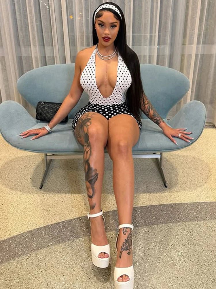 Cutenew Polka Dots Print Playsuit Woman Halter Backless Patchwork Skinny 2026 Summer Trend Street Sexy Skinny Stretch Rompers - T&NLIFESTYLE Cutenew Polka Dots Print Playsuit Woman Halter Backless Patchwork Skinny 2026 Summer Trend Street Sexy Skinny Stretch Rompers