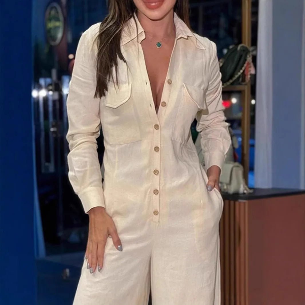 Autumn Fashionable Lapel Casual Single Breasted Buckle Jumpsuits Solid Color Long Sleeved Loose Pants Ropa Mujer Tendencia - T&NLIFESTYLE Autumn Fashionable Lapel Casual Single Breasted Buckle Jumpsuits Solid Color Long Sleeved Loose Pants Ropa Mujer Tendencia