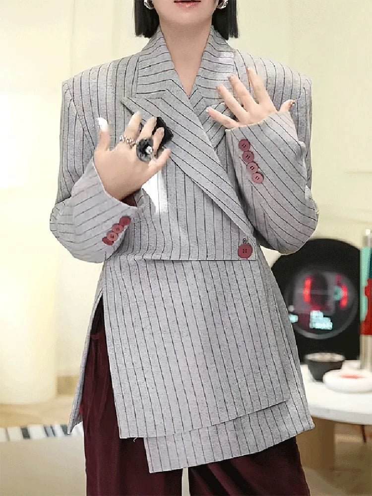 VGH Striped Printing Design Sense Chic Blazer For Women Notched Collar Long Sleeve Spliced Button Slimming Blazer Female Fashion - T&NLIFESTYLE VGH Striped Printing Design Sense Chic Blazer For Women Notched Collar Long Sleeve Spliced Button Slimming Blazer Female Fashion