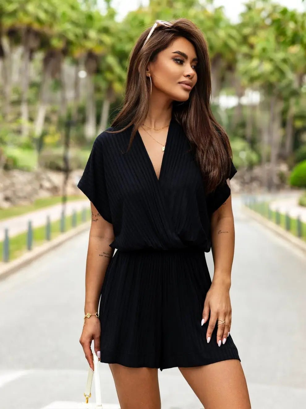 Simple Solid Color V - neck Slim Romper Summer Casual Pit Strip Waist Shorts Playsuit Elegant Ladies Office High Street Jumpsuits - T&NLIFESTYLE Simple Solid Color V - neck Slim Romper Summer Casual Pit Strip Waist Shorts Playsuit Elegant Ladies Office High Street Jumpsuits
