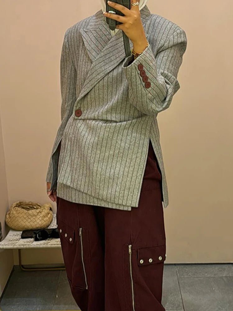 VGH Striped Printing Design Sense Chic Blazer For Women Notched Collar Long Sleeve Spliced Button Slimming Blazer Female Fashion - T&NLIFESTYLE VGH Striped Printing Design Sense Chic Blazer For Women Notched Collar Long Sleeve Spliced Button Slimming Blazer Female Fashion