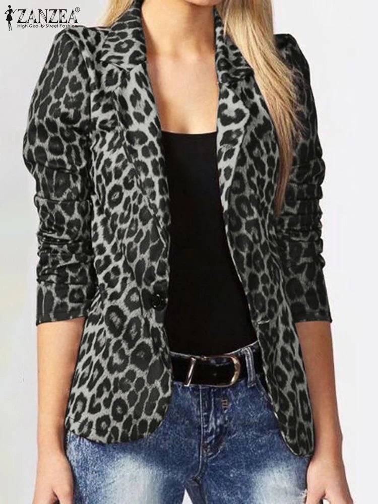 ZANZEA Leopard Print Lightweight Blazer for Women Autumn Notched Lapel Long Sleeve with Shoulder Pad Woman Commute Outerwear - T&NLIFESTYLE ZANZEA Leopard Print Lightweight Blazer for Women Autumn Notched Lapel Long Sleeve with Shoulder Pad Woman Commute Outerwear
