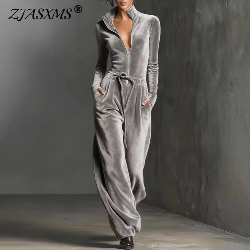 2026 Spring Retro Solid Velvet Women's Jumpsuit Elegant Half Zip Stand Collar Drawstring Waist Overalls Casual Streetwear Romper - T&NLIFESTYLE 2026 Spring Retro Solid Velvet Women's Jumpsuit Elegant Half Zip Stand Collar Drawstring Waist Overalls Casual Streetwear Romper