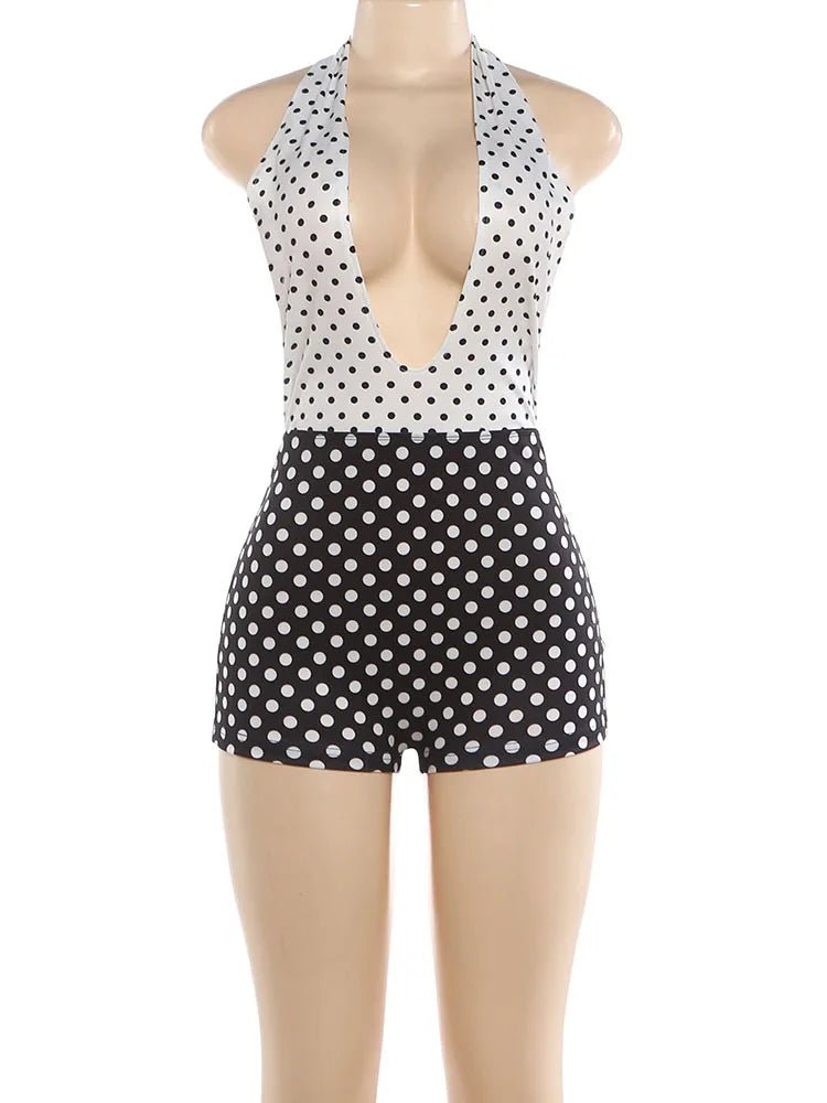 Cutenew Polka Dots Print Playsuit Woman Halter Backless Patchwork Skinny 2026 Summer Trend Street Sexy Skinny Stretch Rompers - T&NLIFESTYLE Cutenew Polka Dots Print Playsuit Woman Halter Backless Patchwork Skinny 2026 Summer Trend Street Sexy Skinny Stretch Rompers